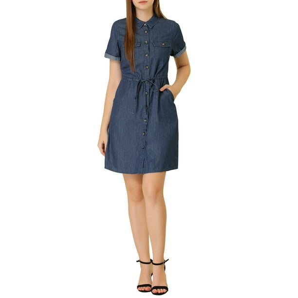 INSPIRAR CHIC Vestidos de Verano de Manga Corta con Botones para Mujeres Talla XS Mediana Azul