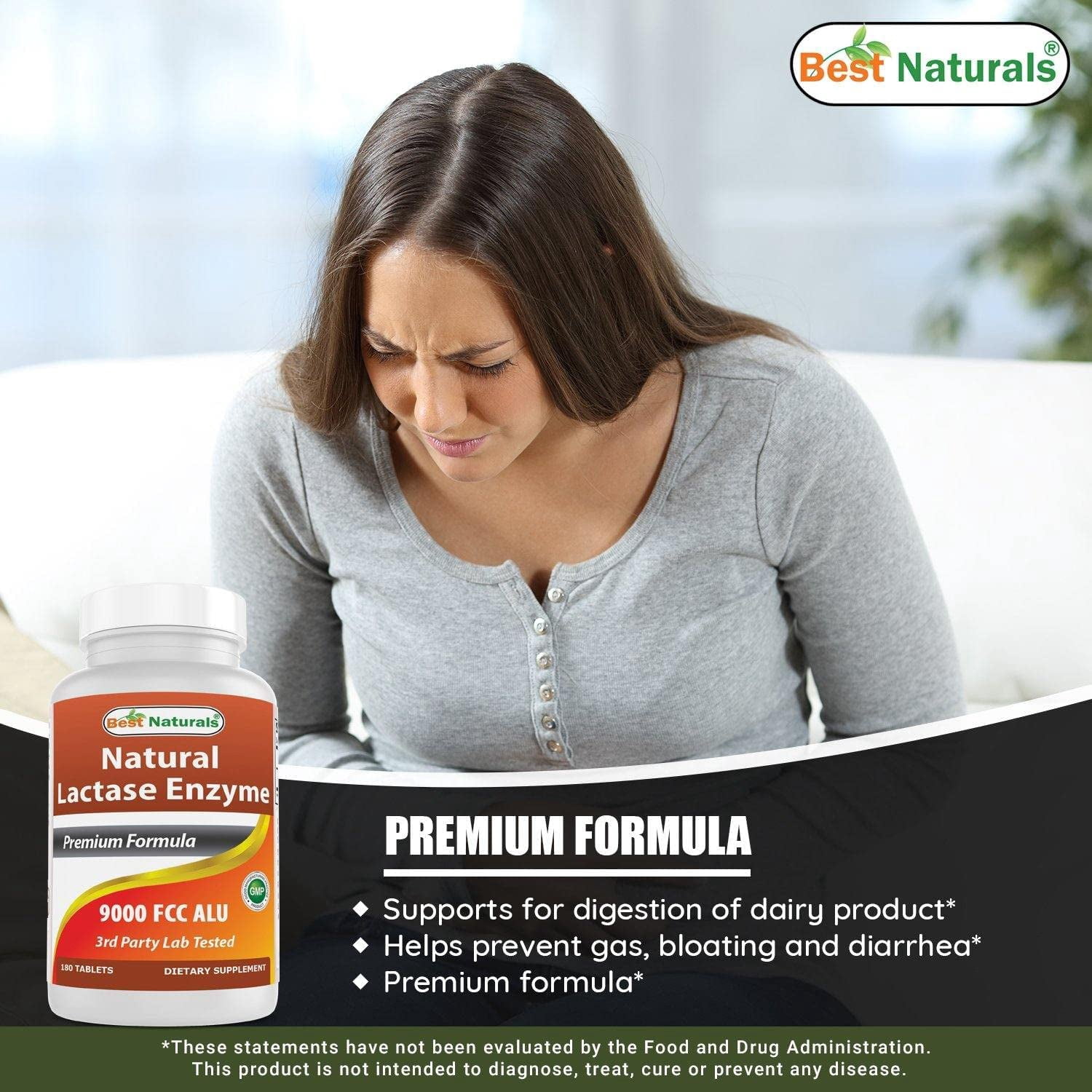 (2 pack) Best Naturals Lactase Enzyme 9000 FCC ALU  180 Tablets, Fast Acting Relief