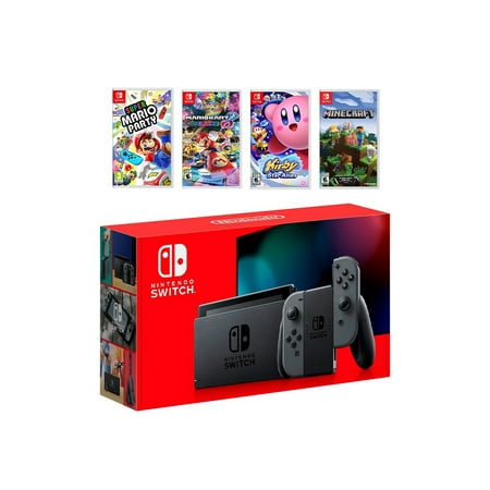 2019 New Nintendo Switch Gray Joy-Con Console Multiplayer Party Game Bundle, Super Mario Party, Mario Kart 8 Deluxe, Kirby Star Allies, Minecraft