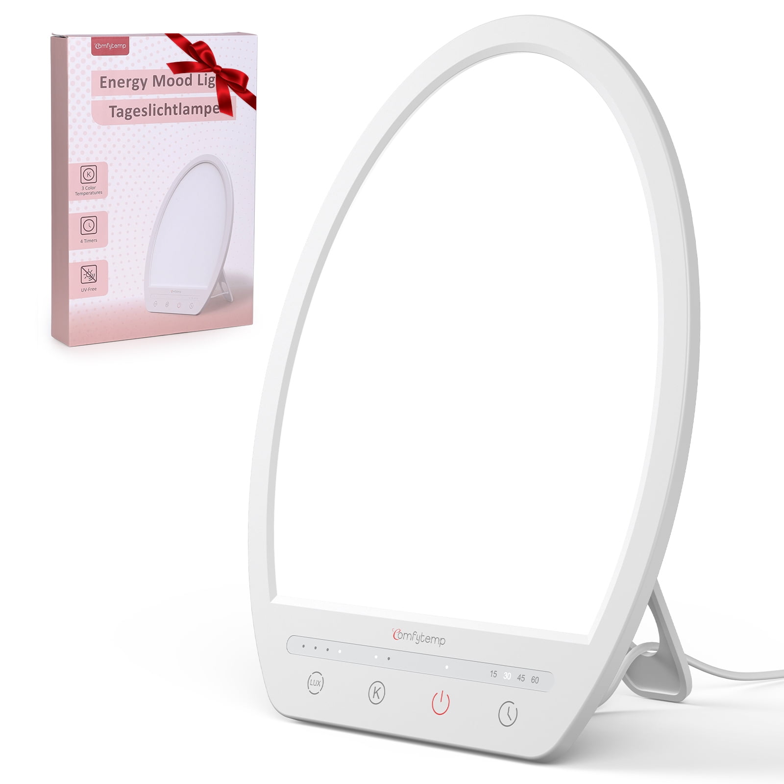 Comfytemp 10,000 Lux Light Therapy Lamp, UV-Free LED Sunlight Lamp with Adjustable Brightness, Color, Timers & Stand for Home Office Desk