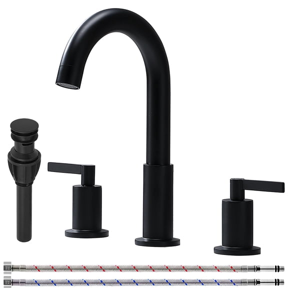 KINGO HOME 8-Inch Widespread Bathroom Faucet, Matte Black, 3-Hole 2-Handle Modern Vanity Sink Faucet with 360° Swivel Spout, Pop-Up Drain and Supply Hoses Included