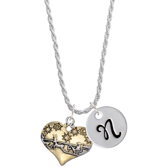 Delight Jewelry Two-tone Large Flying Santa on Heart Silvertone Script Initial Disc - N - Charm Necklace, 20"+3"