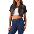 thumbnail image 1 of Chaqueta de mezclilla recortada de manga corta con cuello vuelto para mujer INSPIRE CHIC, negra, talla M, 1 of 6