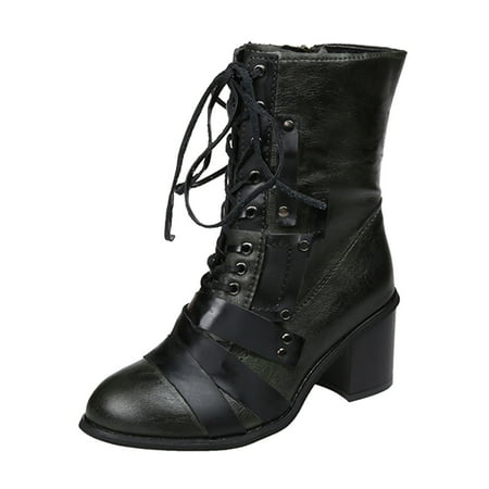 

SEMIMAY Ladies Fashion Vintage Colorblock Leather Lace Up Side Zip High Heel Short Boots