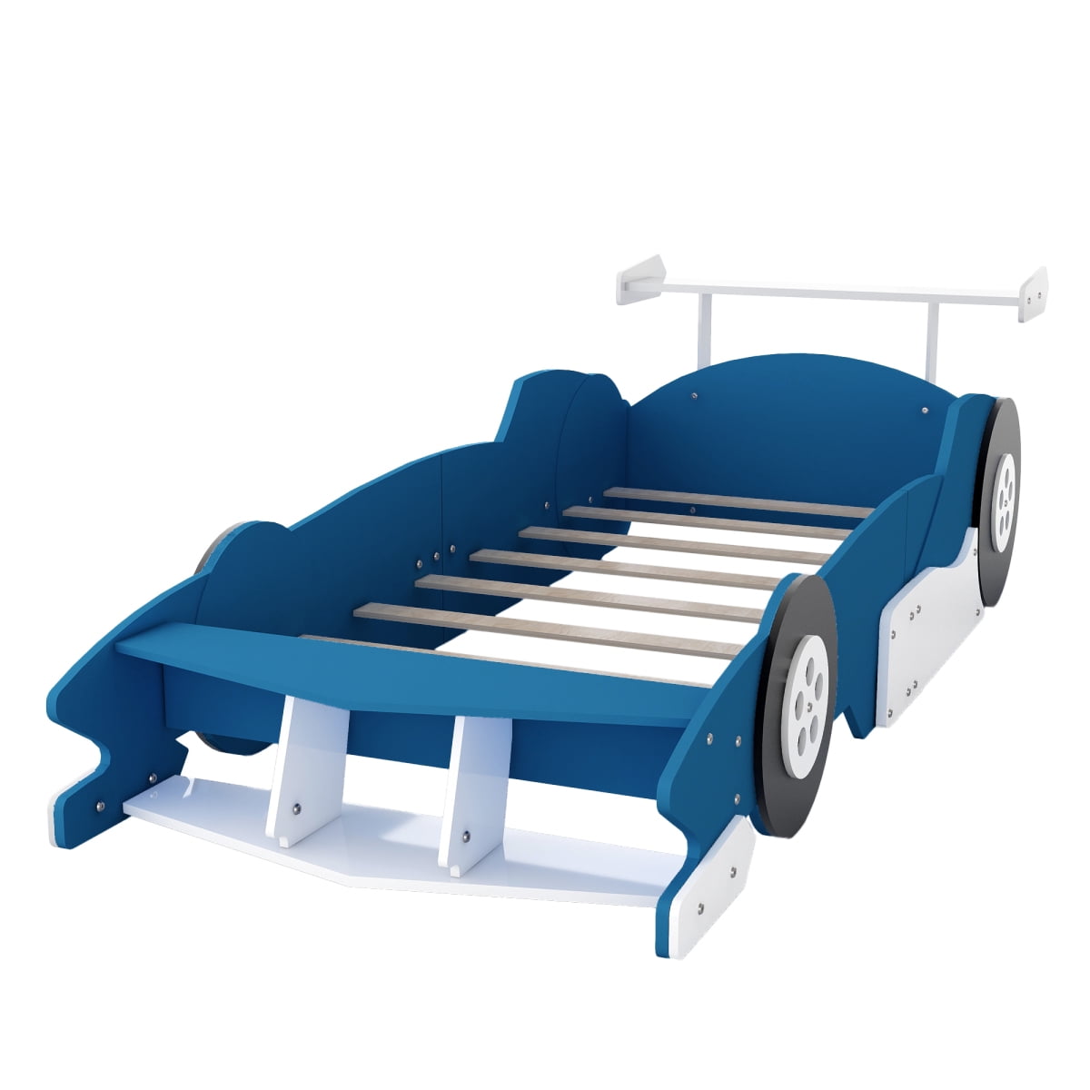 Miekor Furniture Twin Size Race Car-Shaped Platform Bed with Wheels,Blue No5874