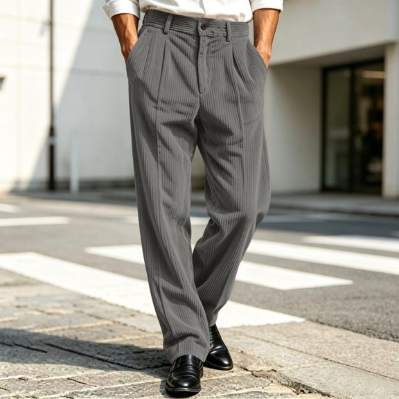 Ceisia Men Corduroy Pleated Wide Leg Pants High Waist Loose Casual Dress Trousers Gray XL Gift