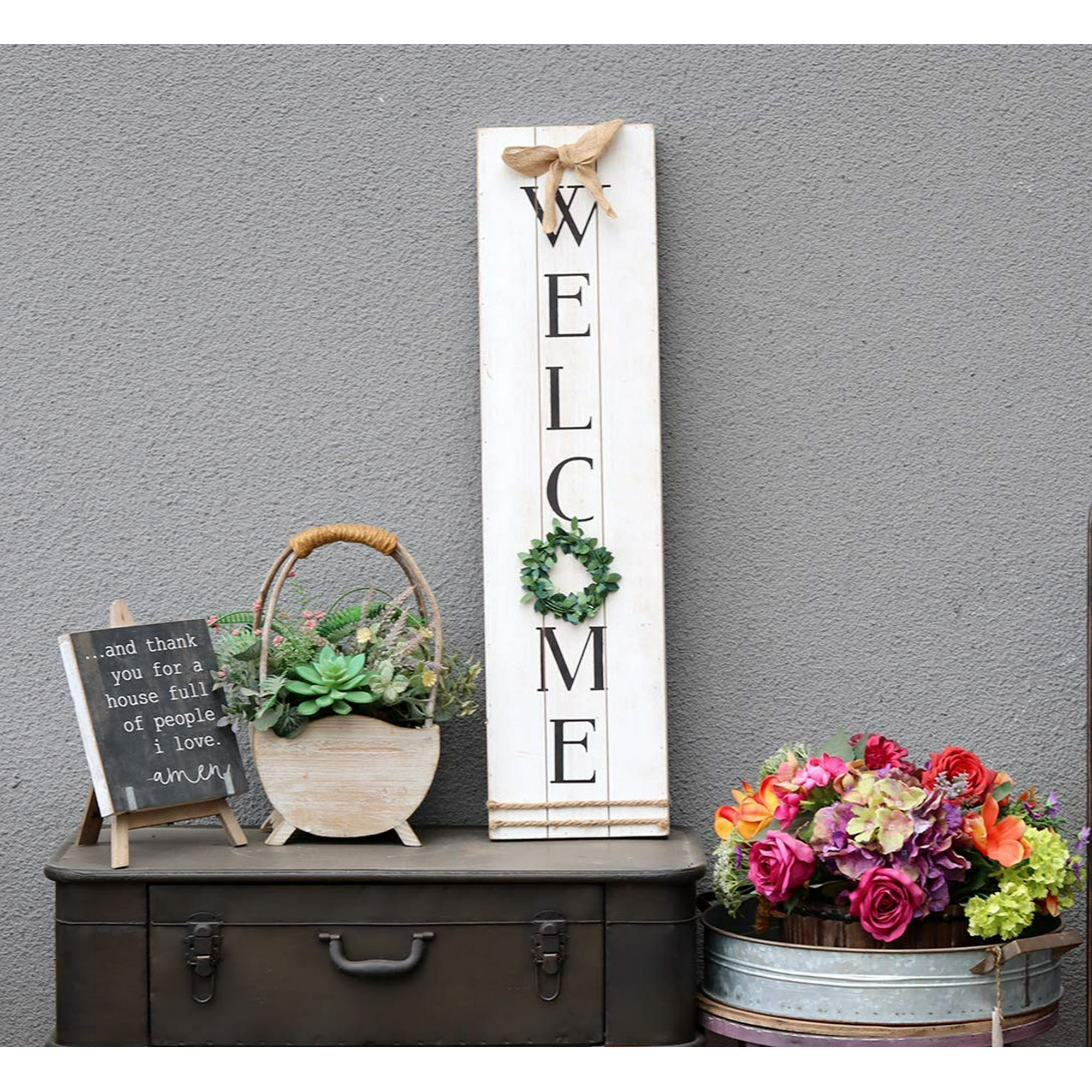 Parisloft Vertical Wooden Welcome Sign Plaque With Wreath Wall Hanging Decor Large Farmhouse Decor For Entryway Front Door Walmart Canada