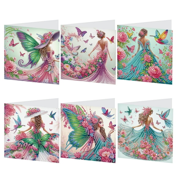 6 pcs Diamond Art Painted Greeting Card, Butterfly Lady 5D DIY Special Shape Diamond Card Creative Gift, Christmas Thanksgiving Greeting Card Congratulation
