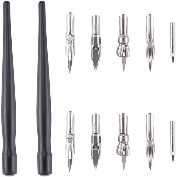 2sets Plastic & Stainless Steel Dipping Pen Calligraphy Caricature Art Supplies Black 12.65x1.1cm