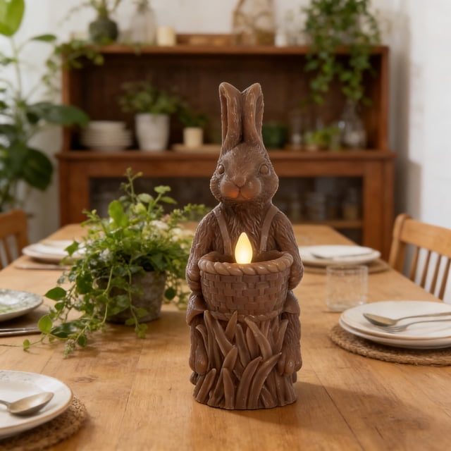 Figura vintage marrón con vela LED de Conejo – Decoración de conejo iluminada de resina sin llama parpadeante, acabado marrón rústico, a pilas, mesa de repisa Vacaciones de primavera