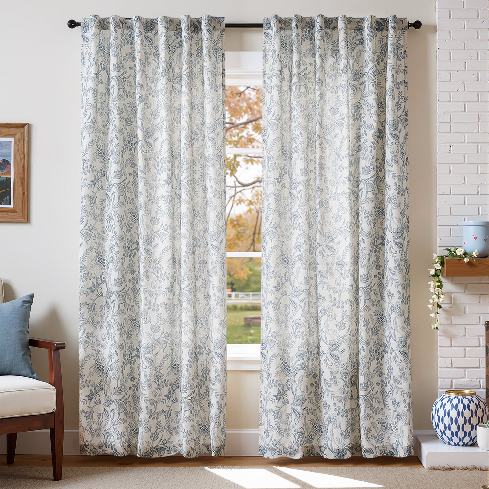 Curtainking Rustic Look Farmhouse Blue Floral Print Home Back Tab Light Filtering Curtains, 50" x 84" (2 Panels)