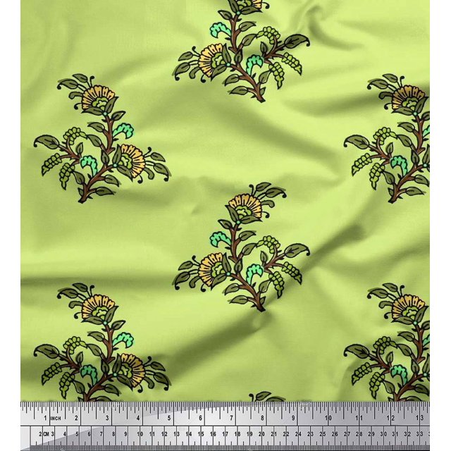 Soimoi Georgette Viscose Fabric Leaves & Floral Block Printed Craft Fabric by The Yard 42 Inch Wide