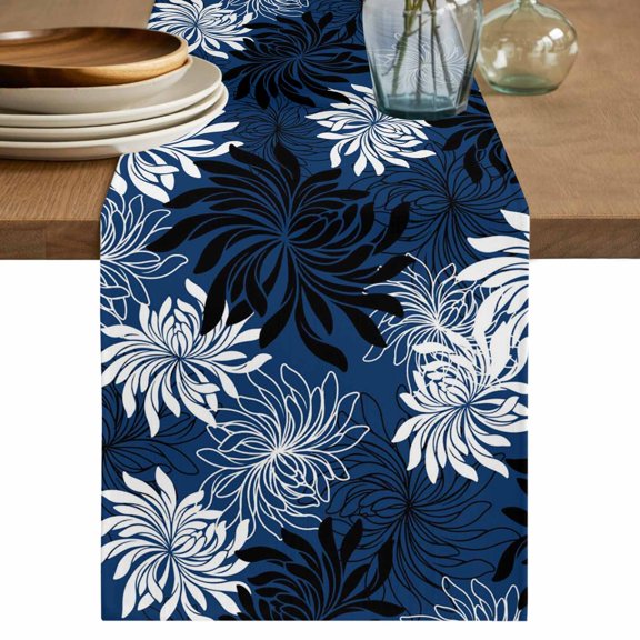Blue Black Flowers Table Runner 72 Inches, Modern Abstract Blooms Floral Bed Runner Dresser Scarves Tabletop for Indoor Outdoor Parties/Ceremony/Banquet, 14" x 72"