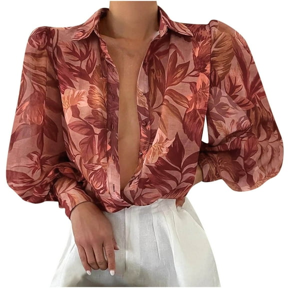 Women's Puff Long Sleeve Button Down Blouses Vintage Elegant Printed Shirt Sexy Casual V Neck Turndown Collar Tops