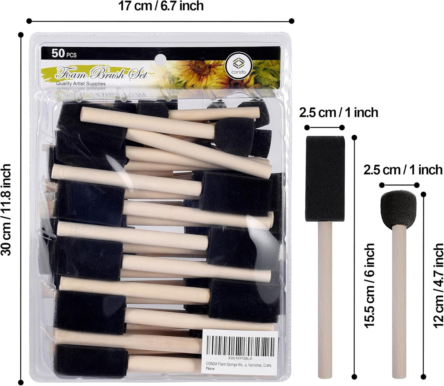 JJEAN-50 Pack 0.5"-2" Different Size Assorted Foam Brush Set Wood Handle Paint Brush Set- Lightweight, Durable, Great for Acrylics, Stains, Varnishes