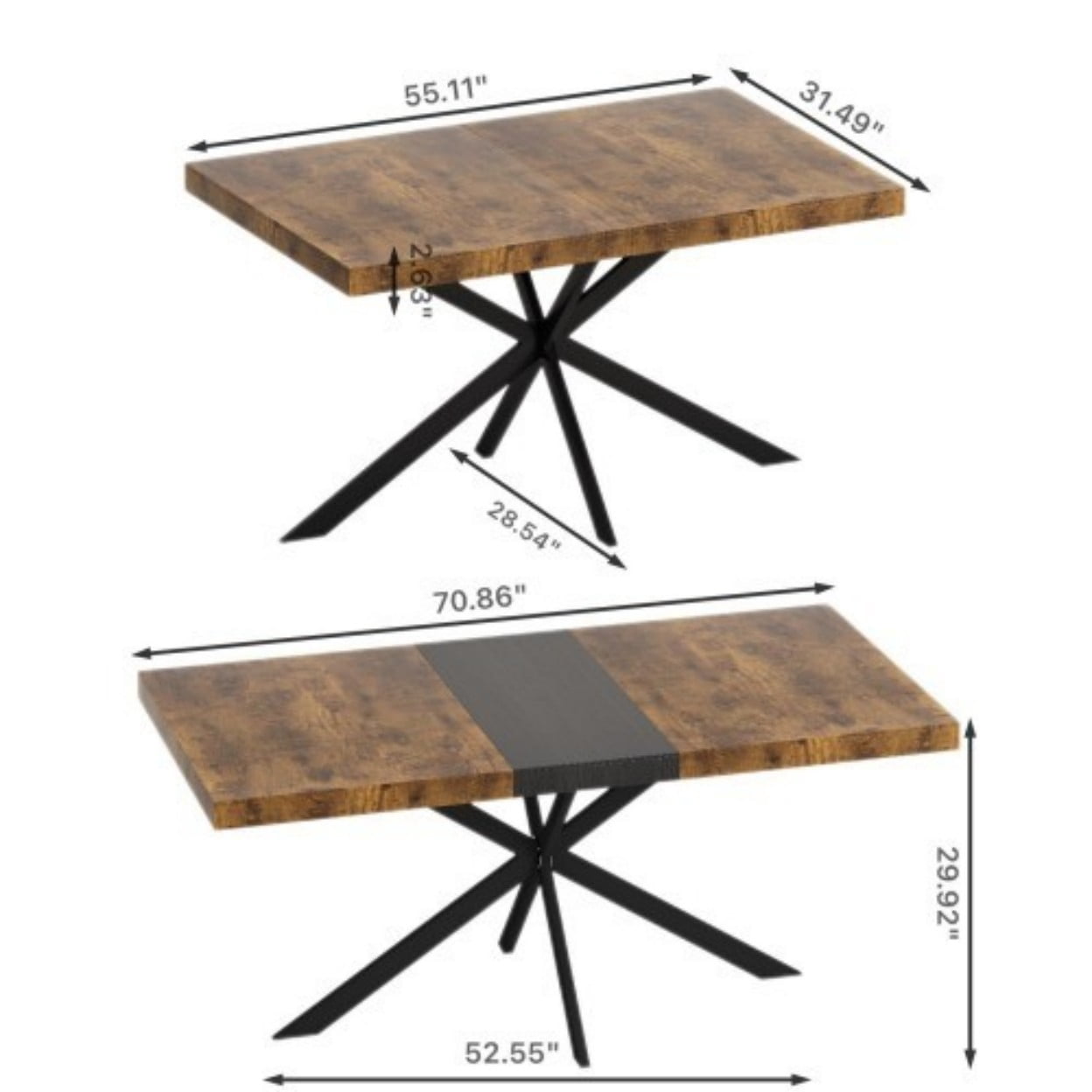 55.11"-70.86" Extendable Dining Table for 4-6, Retro Rectangular Kitchen Table with Storage Box, Antique Wood Top, Farmhouse Dining Table for Dining Room & Living Room, Black Brown