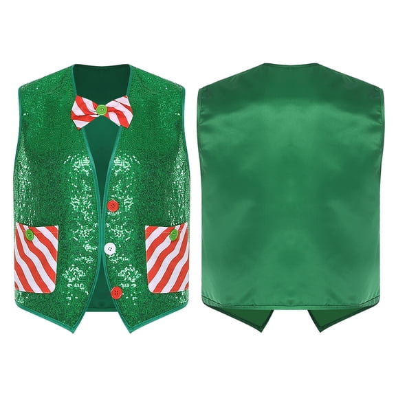 iiniim Men's Striped Print Vest Xmas Waistcoat Bowtie Set Sequins Christmas Green XL