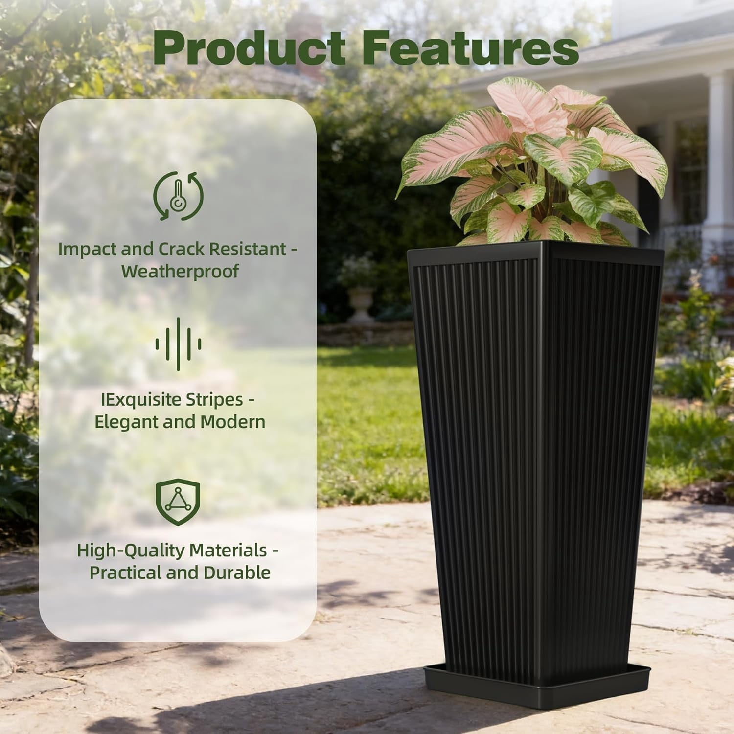 TOPCOMFY Tall Planters for Outdoor Plants Set of 2, 23.6" Modern Tapered Indoor Flower Pots with Drainage Holes/Partition/Tray for Porch Patio Garden, Black