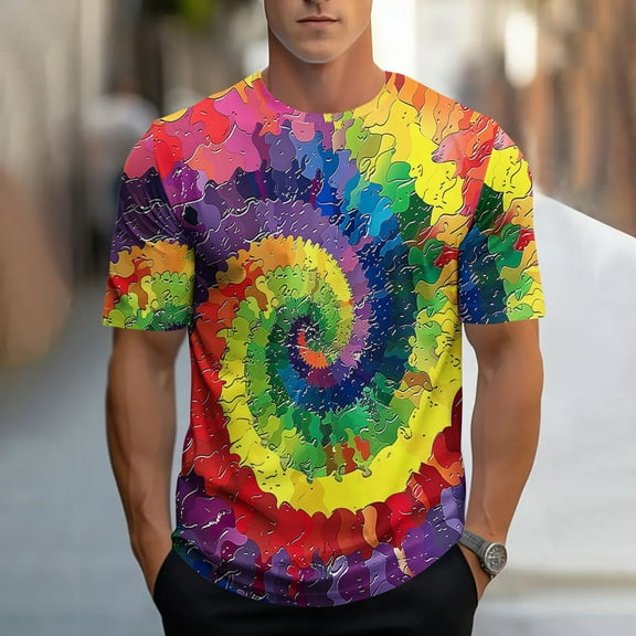 Jinhomg Mens Fashion T-Shirts Novelty Funny Tie Dye Print Casual Tees Lightweight Comfy Short Sleeve Crew Neck Party Tops Daily Wear Yellow L