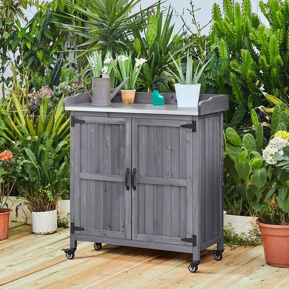 Garden Potting Bench - Outdoor Garden Patio Wooden Storage Cabinet and Solid Wood Planting Bench with Large Storage Space and Metal Plated Tabletop