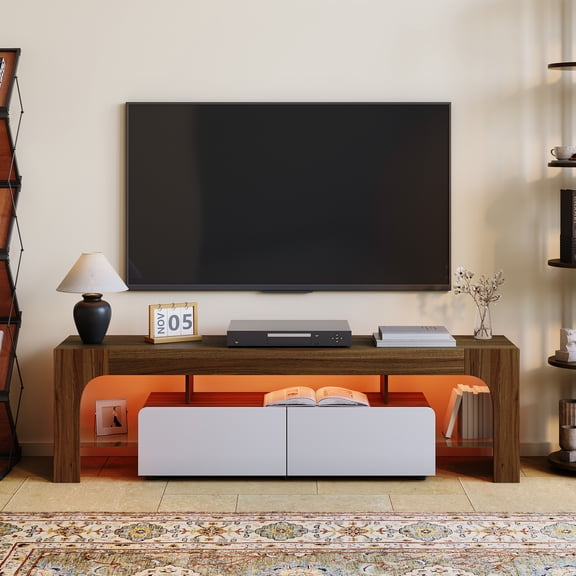 Modern Lighting TV Stand for 50 55 60 65 70 75 Inch TVs, TV Console Table with Control Color LED Lights, Entertainment Center Media with Storage for Living Room, Bedroom