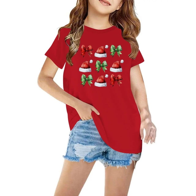Zwiiyzr 2025 Chemises de Noël Mignonnes pour Garçons et Filles Mode Imprimée Décontractée Manches Courtes Col Rond Coton 3-10 Ans Rouge