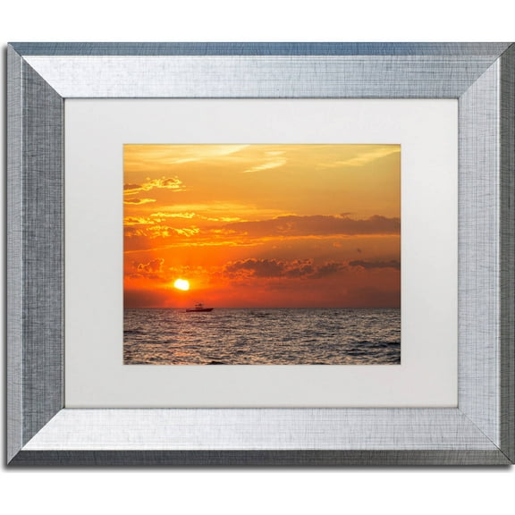 Trademark Fine Art "Fishing Boat Sunset" Canvas Art by Jason Shaffer, White Matte, Silver Frame