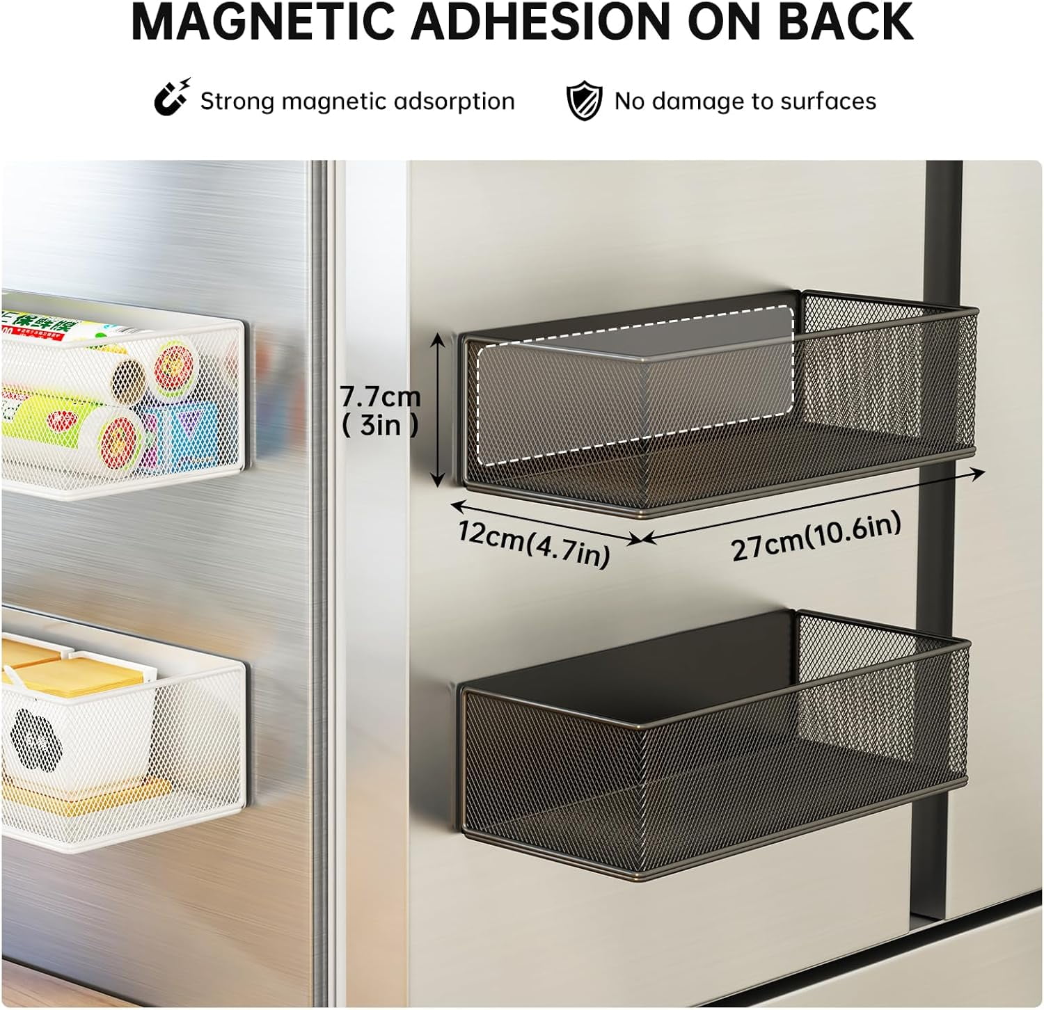 Magnetic Basket Organizer Holder for Fridge Sipce Rack Magnetic Storage Bin Box Containers for Refrigerator Magnetic Shelf for Fridge Whiteboard Classroom (Black, 10.63''L*4.72''W*3.03''H)
