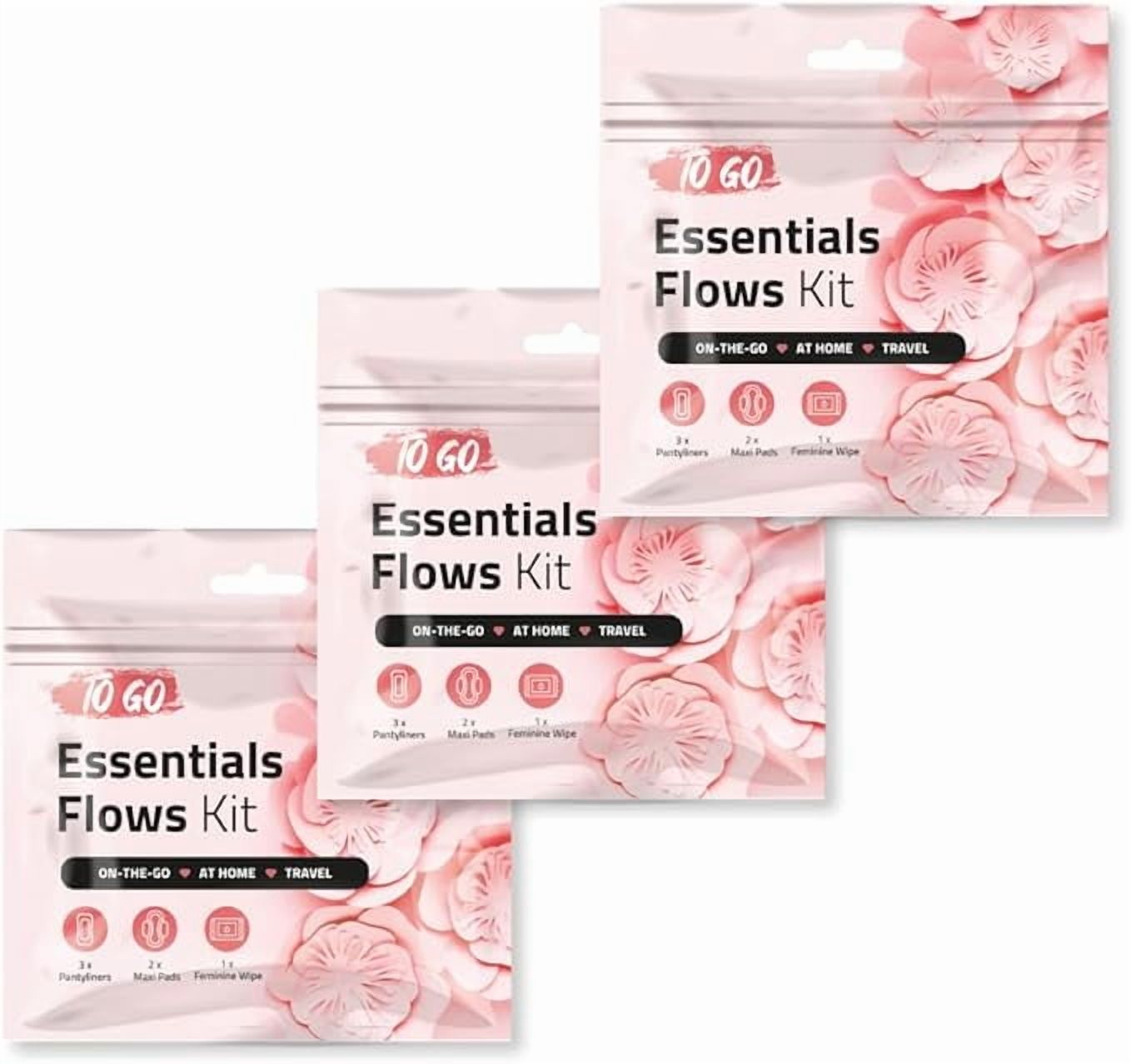 Disposable Essential Flows Period Kit for Girls and Teens - 3 Pantyliners, 2 Maxi Pads & Feminine Wipe | Confidence & Hygiene Essentials for School, First Period, Bulk for Charity (PINK STYLE) (50)