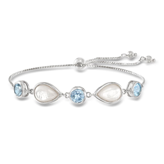 Ross-Simons Mother-Of-Pearl and 6.00 ct. t.w. Blue Topaz Bolo Bracelet in Sterling Silver, Women's, Adult