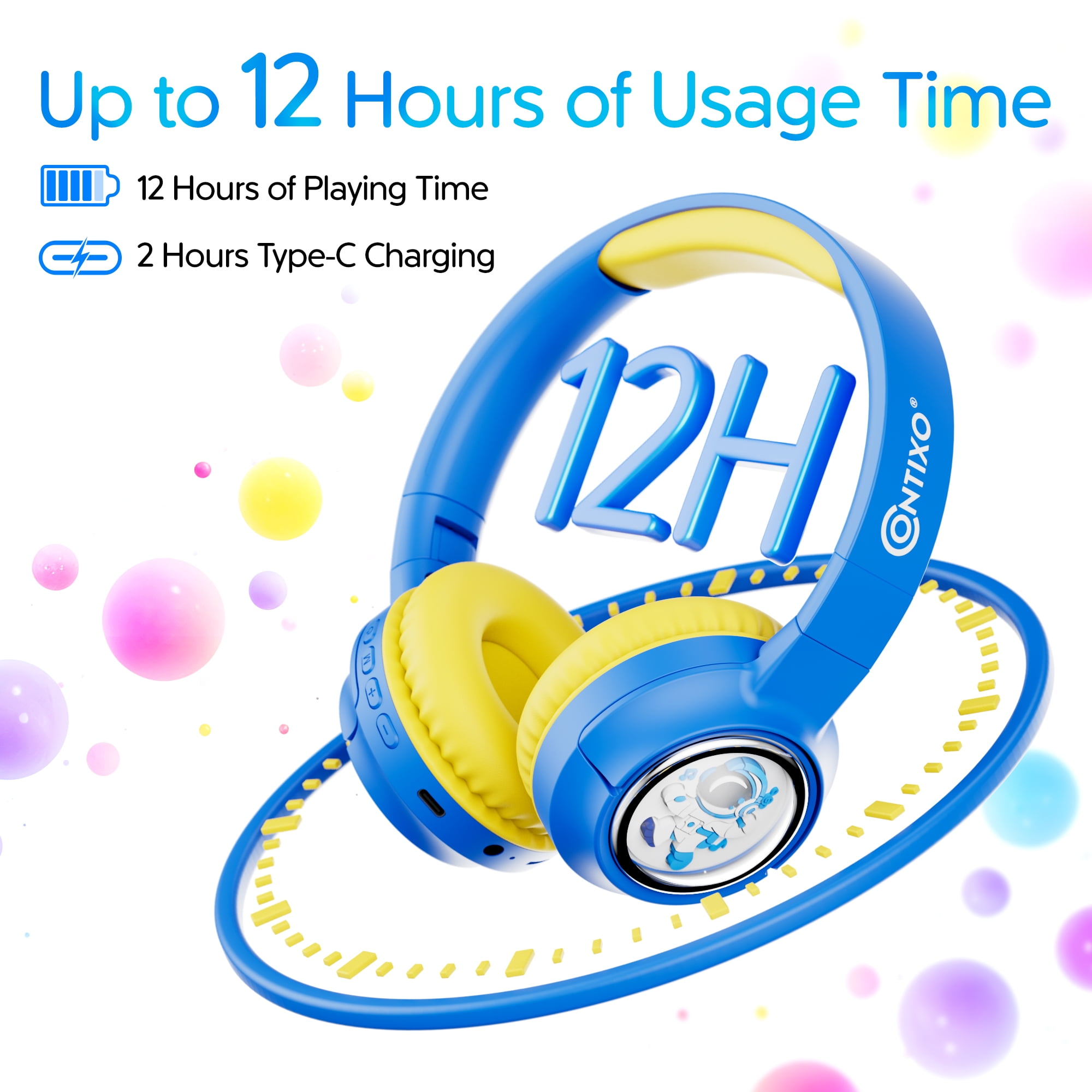 Contixo Foldable Kids Headphones with Microphone, Noise-Limiting Bluetooth Headphones, Blue
