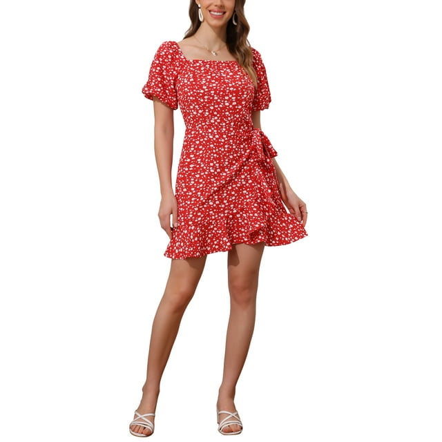 Vestido Floral de Manga Abullonada de INSPIRE CHIC con Escote Cuadrado y Cintura Ajustable XL Rojo