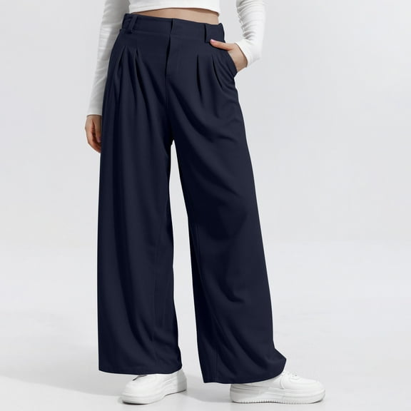 CQONEPT Womens Casual Pant Wide Leg Baggy Pleat Pant High Waist Office Slacks Comfy Trendy Trousers with Pocket Navy XL