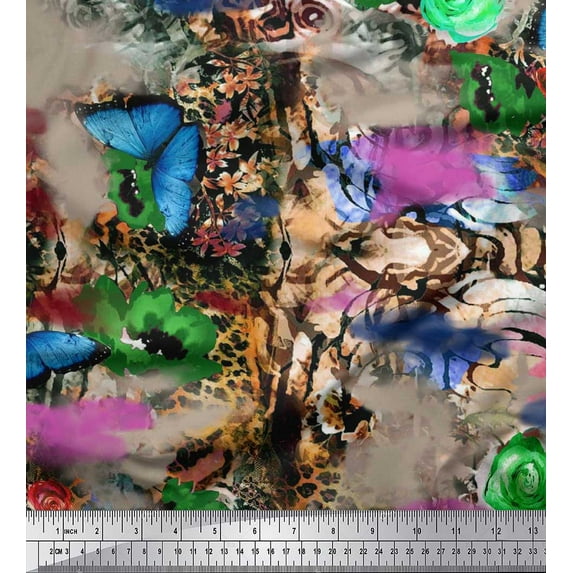 Soimoi Poly Crepe Fabric Animal Skin,& Floral Watercolor Fabric Prints by Yard 52 Inch Wide