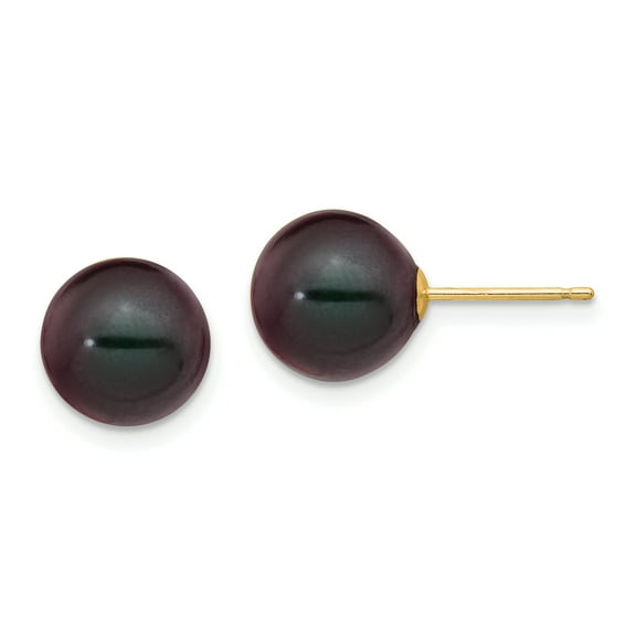 Primal Gold 14 Karat Yellow Gold 9-10mm Black Round Freshwater Cultured Pearl Stud Post Earrings