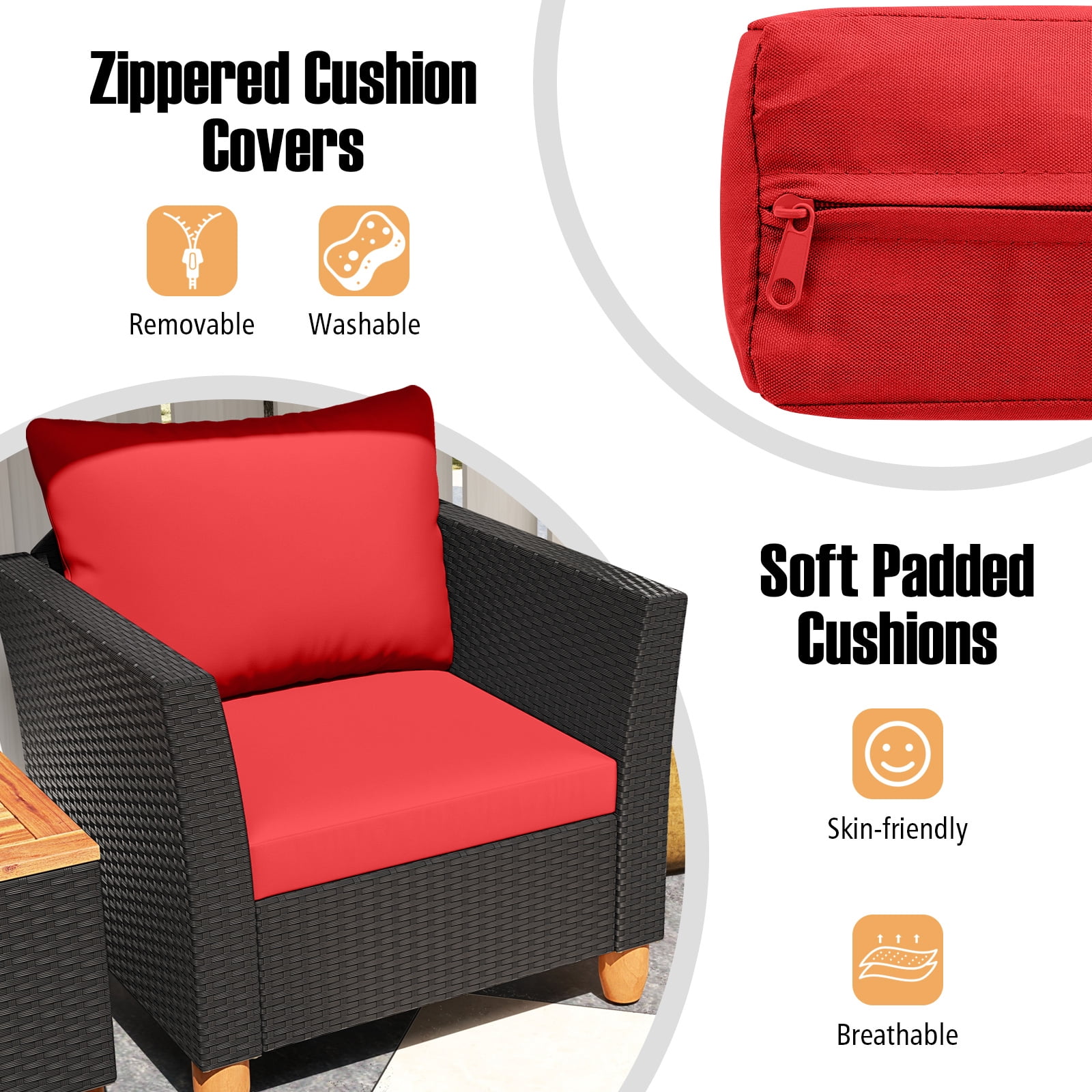 Costway 3PCS Outdoor Patio Rattan Furniture Set Wooden Table Top Cushioned Sofa Red