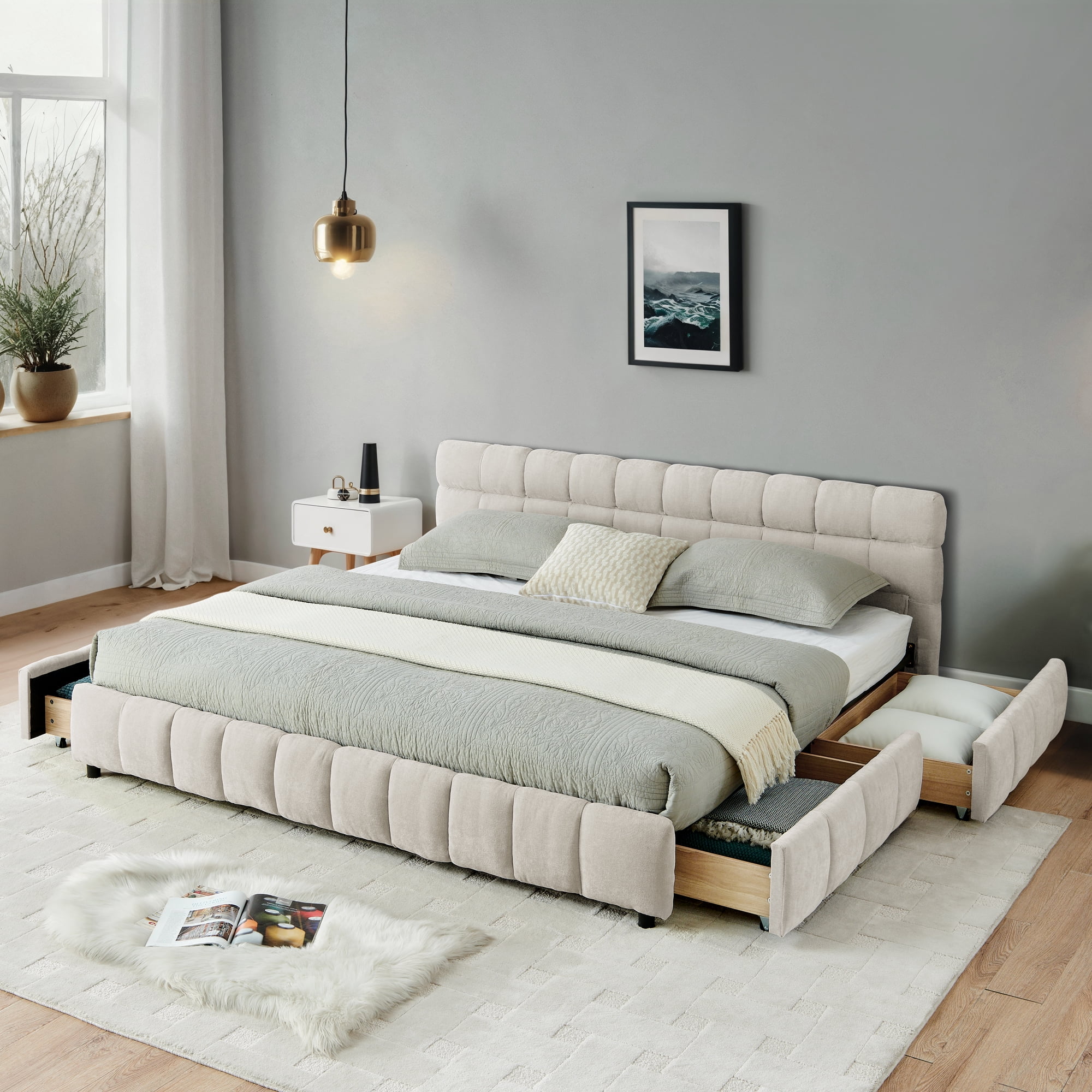 Howcool California King Size Upholstered Platform Bed Frame with 4 Storage Drawers,Tufted Headboard,Chenille Low-profile Bed with Wooden Slats,No Box Spring Needed,Beige