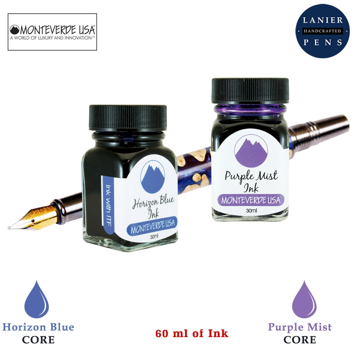 Monteverde 60ml Core Fountain Pen Ink Bottle (30ml Horizon Blue Ink Bottle G309HB, 30ml Purple Mist Ink Bottle G309PM)