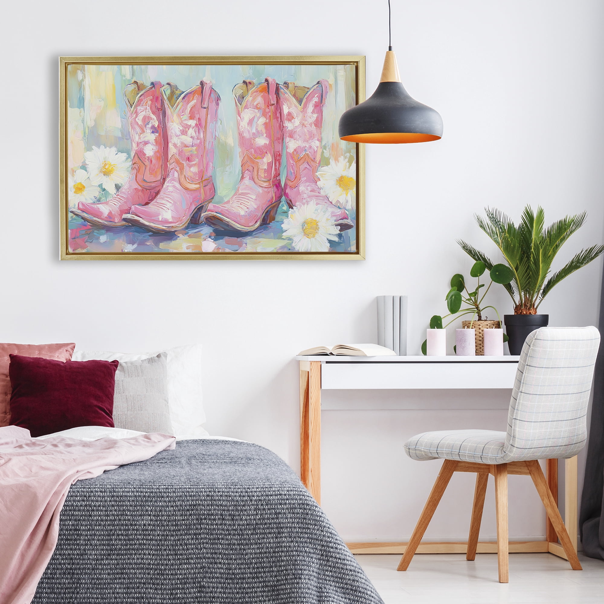Stupell Industries Pink Cowgirl Boots Pairs Gold Framed Floater Canvas Wall Art, design by Tina LeCour