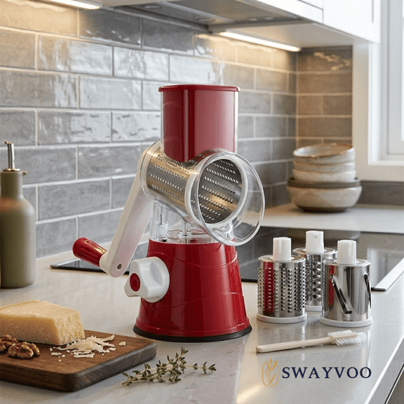 Swayvoo Rotary Cheese Grater Mandoline Cheese Shredder Vegetable Chopper Rotating Grater - Red