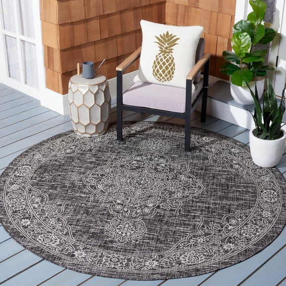 SAFAVIEH Courtyard Chao Medallion Indoor/Outdoor Area Rug, Grey/Black, 6'7" x 6'7" Round