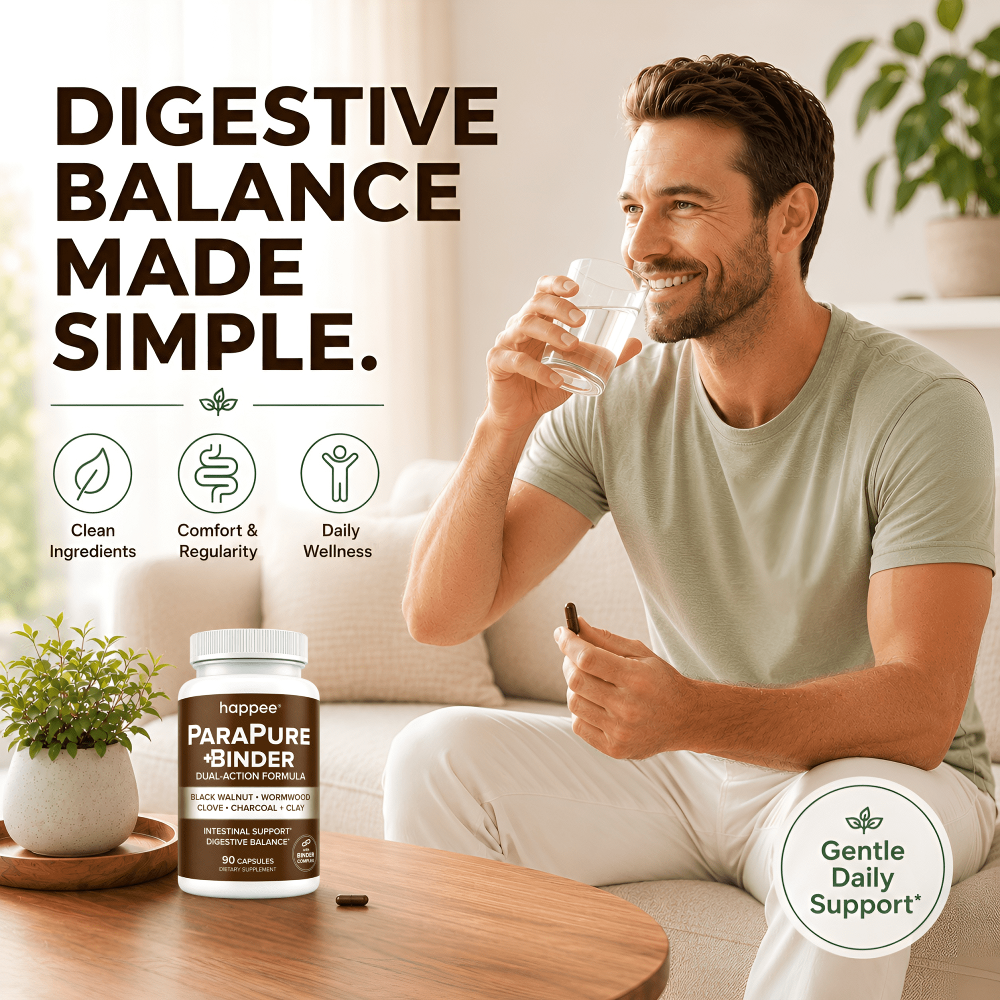 Happee Parasite Cleanse with Binder - Black Walnut & Charcoal for Digestive Support - 90 Capsules