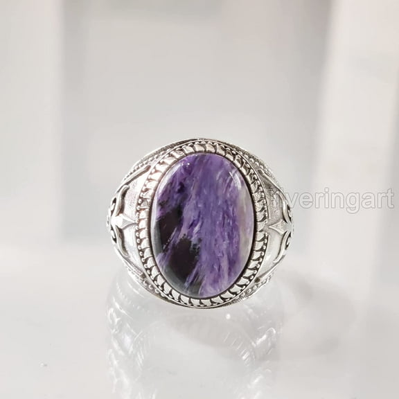 Charoite Mans Ring, Natural Purple Charoite Ring, Oxidized Silver Jewelry, 925 Silver Ring, Birthday Gift, Heavy Mens Ring, Arabic Design, Ottoman Style Ring, Christmas, Turkey Mens Signet Ring