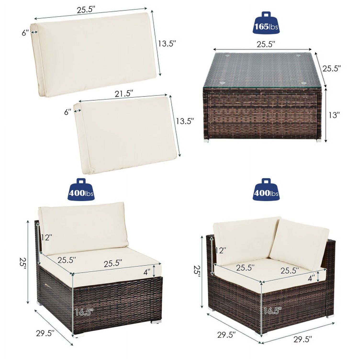 Aimee Lii 6 Pieces Patio Rattan Sectional Furniture Set with Cushions and Coffee Table, Outdoor Deck Furniture, White