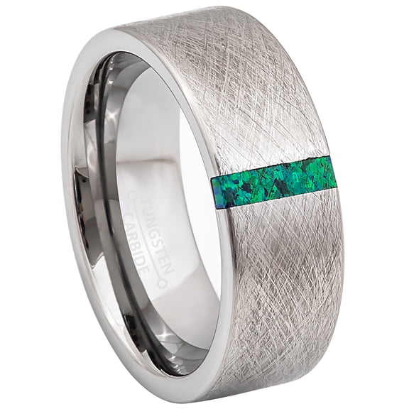 Jewelry Avalanche Men's Pipe Cut Tungsten Carbide Ring 8mm Blue-Green Synthetic Opal Inlay, Satin Crosshatch Finish size 10