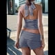 thumbnail image 5 of Conjuntos de 2 Piezas para Mujer: Conjuntos de Estar por Casa A Juego, Top con Lazo y Cuello Halter, y Pantalones Cortos de Cintura Alta. Azul y Ocultos L, 5 of 8