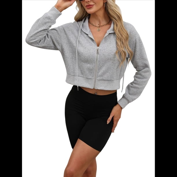 Sudadera con Capucha y Cremallera para Mujer, Cárdigan Corto, Sudadera con Capucha y Cordón, Top Informal de Larga. Gris XL