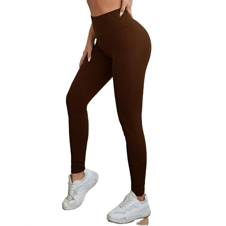 Women's Casual Plain Regular Chocolate Brown Leggings M 