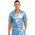 thumbnail image 3 of iiniim Mens Short Sleeve Shiny Button up Blouse T Shirt for Party and Clubbing Light Blue L, 3 of 7