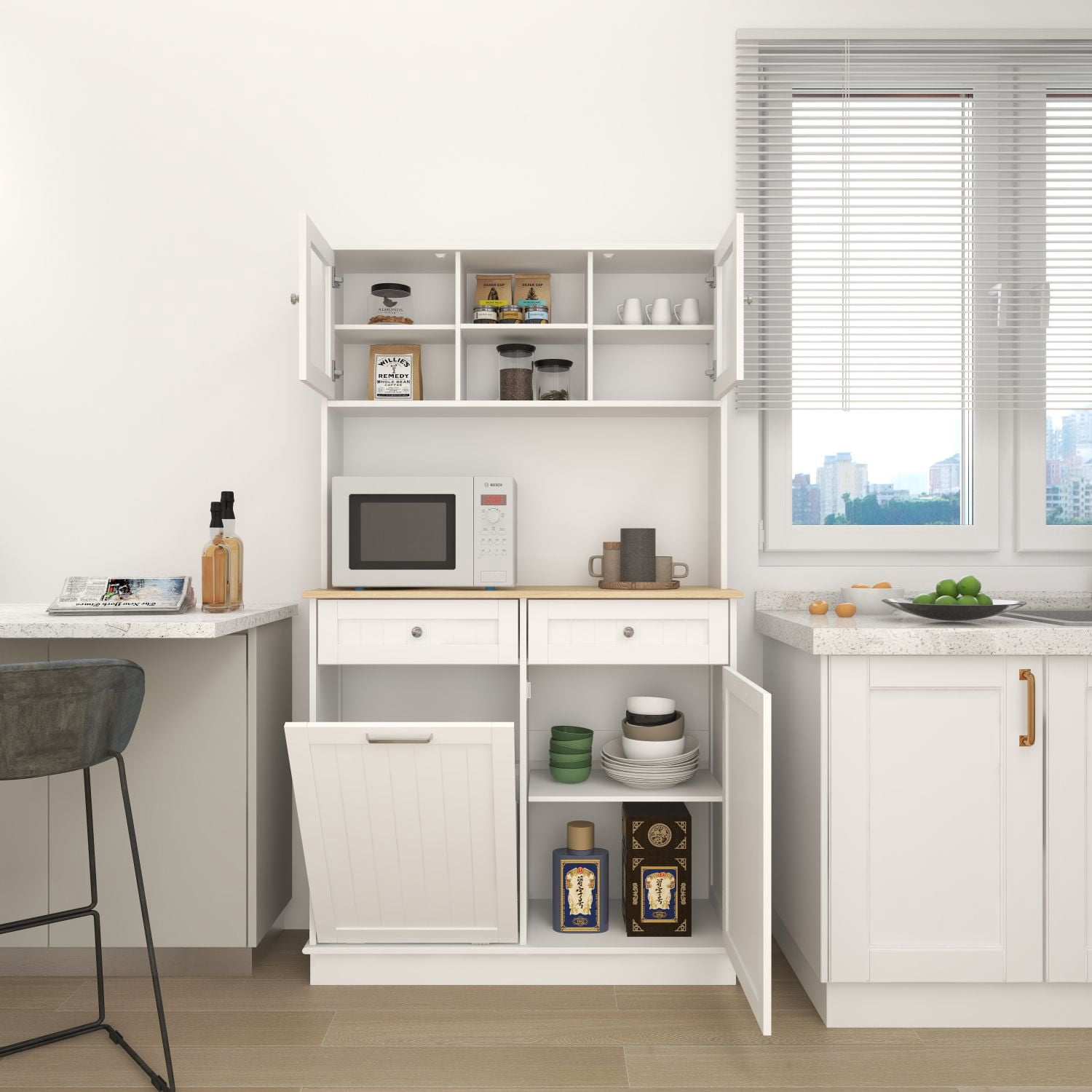 Tall Kitchen Trash Can Storage Cabinet with 3 Adjustable Shelves, 2 Drawers, and Tilt-Out Trash Bin, MDF Pantry Sideboard for Kitchen, Dining Room, Living Room